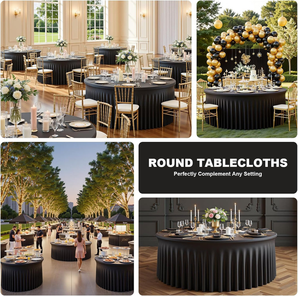 12 Pack 60 Inch Black Round Tablecloth with Skirt, Fitted Table Cover for 5FT Tables, Wrinkle Resistant and Washable Table Cloth for Wedding Party Banquet Buffet Indoor Outdoor Events
