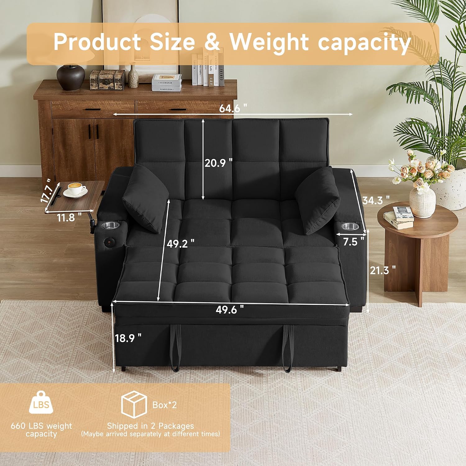 Auvsoce 65'' Chaise Lounge Chair Indoor, 3-in-1 Convertible Sofa Bed with Pull Out Design, 360° Swivel Side Table, Modern Chenille Couch Bed for Living Room