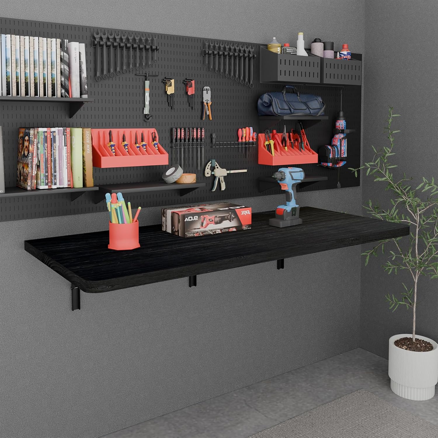 IAE Floating Wall Mounted Folding Table Desk with Pine Wood,48' x 22' Folding Workbench,Fold Down wall Mounted Foldable Desk with Shelf Brackets,Laundry Table for Home,Dining,Office,Kitchen,Black