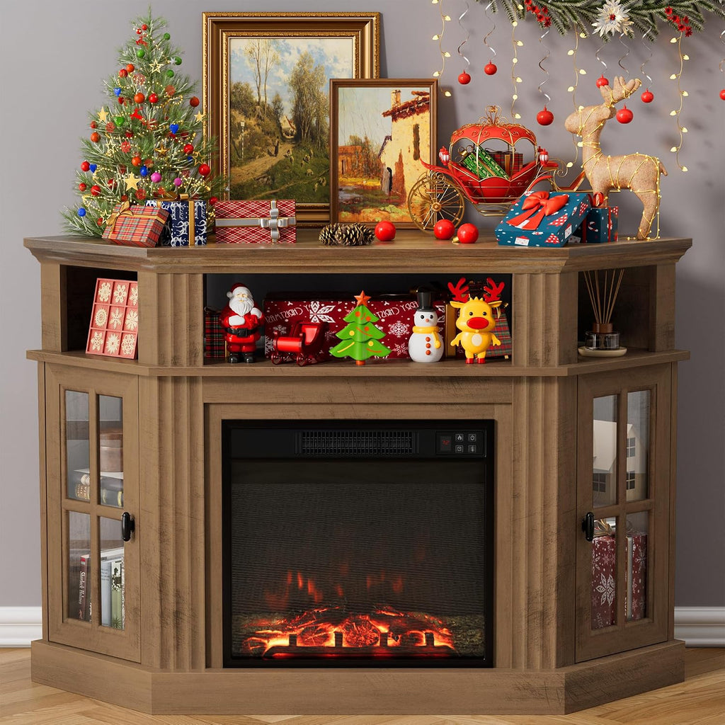 Furmax Fireplace Corner TV Stand for Up to 55 Inch, Modern Console with 18 Inch Electric Fireplace, Entertainment Center with Open Shelf and Storage Cabinets for Living Room (Brown)