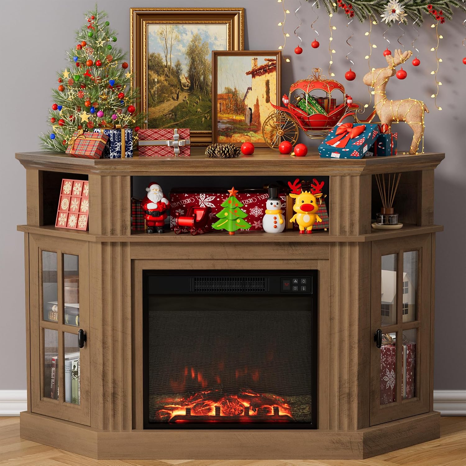Furmax Fireplace Corner TV Stand for Up to 55 Inch, Modern Console with 18 Inch Electric Fireplace, Entertainment Center with Open Shelf and Storage Cabinets for Living Room (Brown)