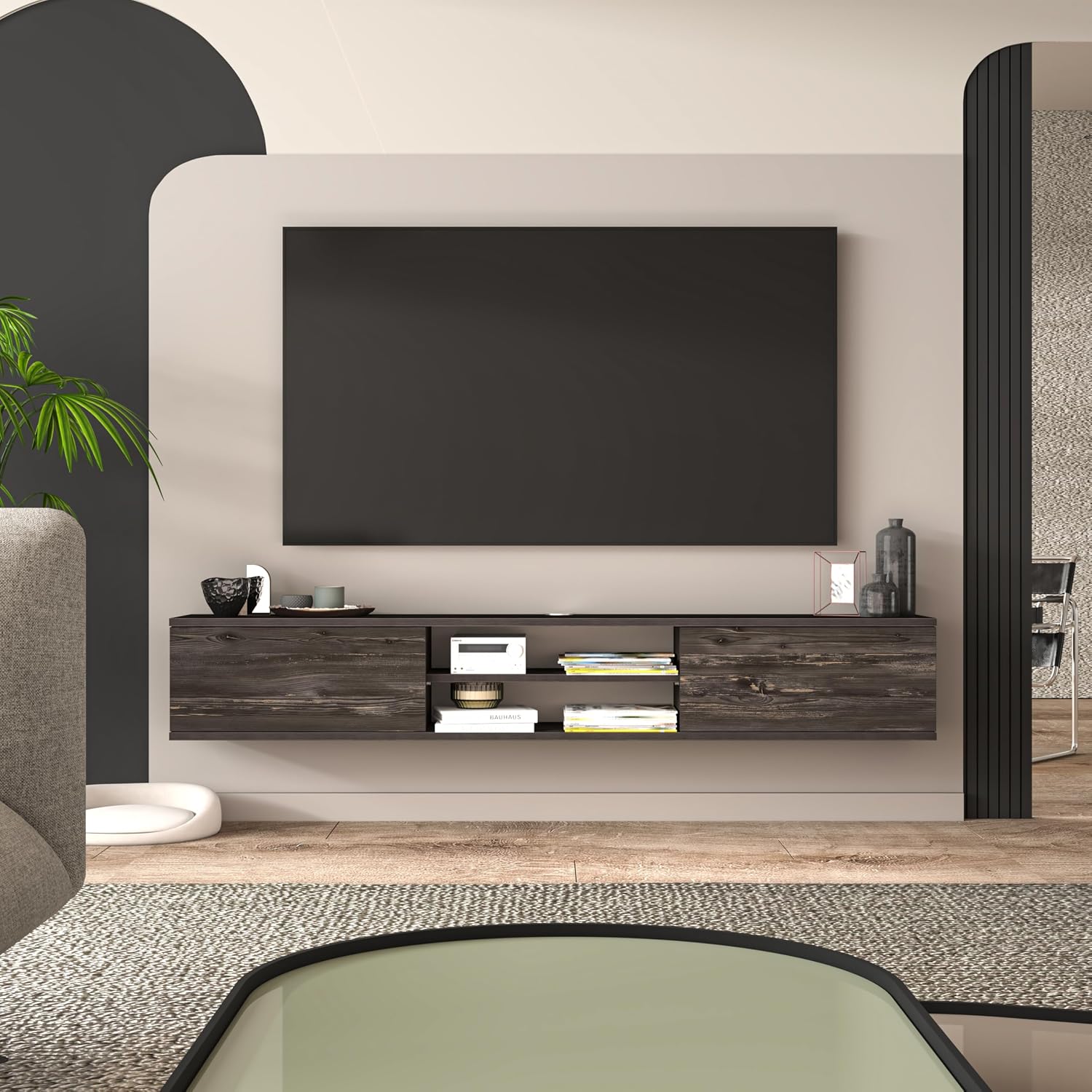 Black Floating TV Stand Under TV Shelf, Wall Mounted Shelf, Modern Floating Entertainment Center, 71' Large Storage Media Console Wall Unit for Living Room,Bedroom (Black Oak)