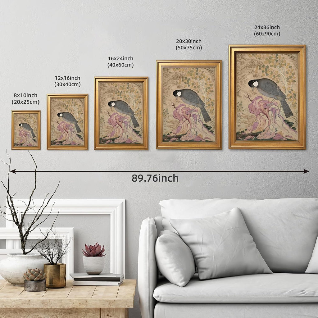 Classic Floral Wildlife Wall Art Vintage Academia Bird on Pink Rock Canvas Print Abstract Boho Nature Animal Posters for Office Bedroom Apartment Trendy Home Wall Decor-20x30inch Golden frame