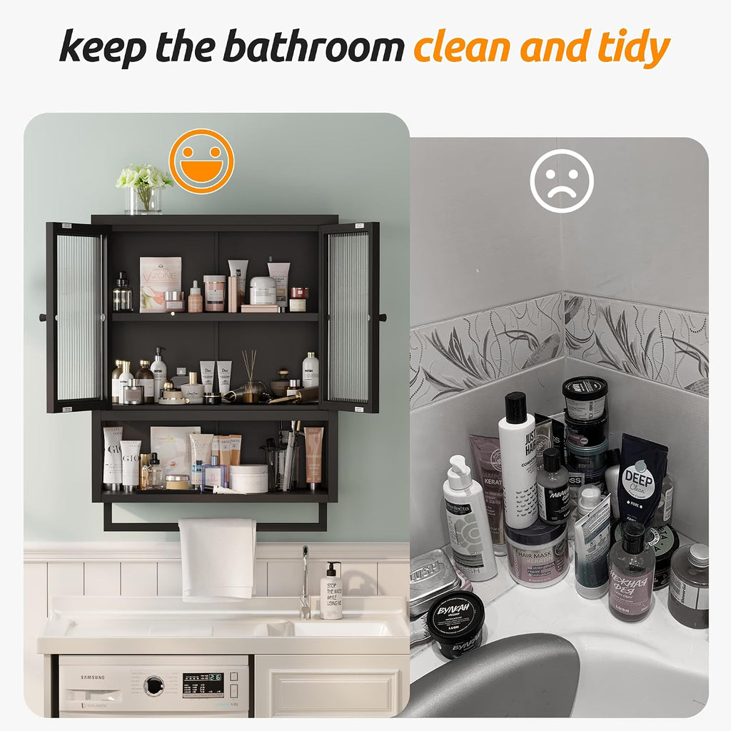 Bathroom Wall Cabinet, Over The Toilet Space Saver Storage Cabinet, Medicine Cabinet with 2 Glass Door and Towel Bar, Metal Wall Mounted Cabinet for Bathroom Laundry Room Kitchen
