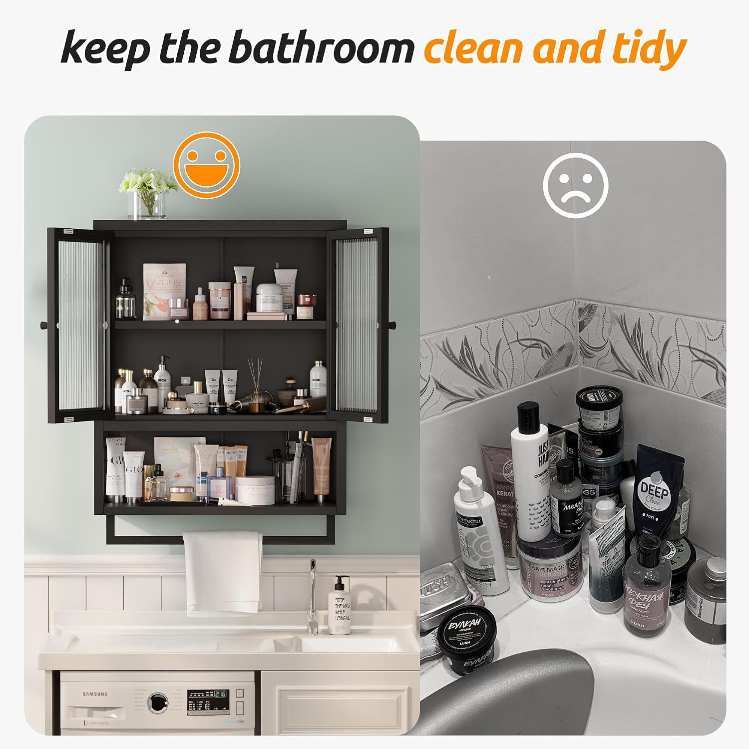 Bathroom Wall Cabinet, Over The Toilet Space Saver Storage Cabinet, Medicine Cabinet with 2 Glass Door and Towel Bar, Metal Wall Mounted Cabinet for Bathroom Laundry Room Kitchen