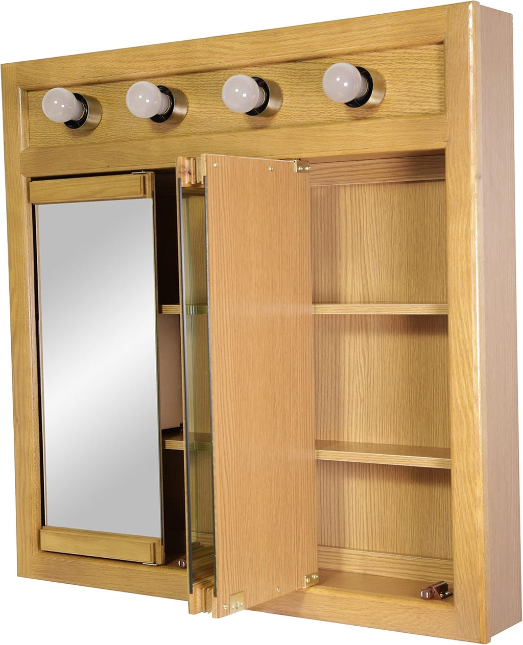 Design House Richland Medicine Cabinet with 4 Lights, Fully Assembled, Wall Mounted, 3 Mirrored Doors, Wood Frame, Oak Finish, 30 in x 5 in x 30 in, 530600-NOK