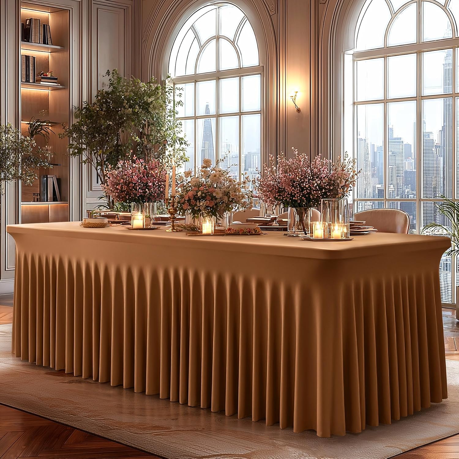 Shillance 6 Packs Brown Spandex Tableclothes for 8 Foot Rectangle Table, Spandex Table Covers 8FT Stretch Table Skirts Wrinkle Free Fitted Table Cloth for Event, Wedding, Banquet & Parties