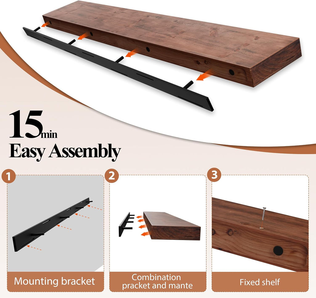 60 Inch Fireplace Mantel Shelf - 7' Deep Solid Wood Floating Mantel for Over Fireplace - 90LBS with Invisible Bracket - Handcrafted TV Decor for Livingroom & Bedroom - Walnut
