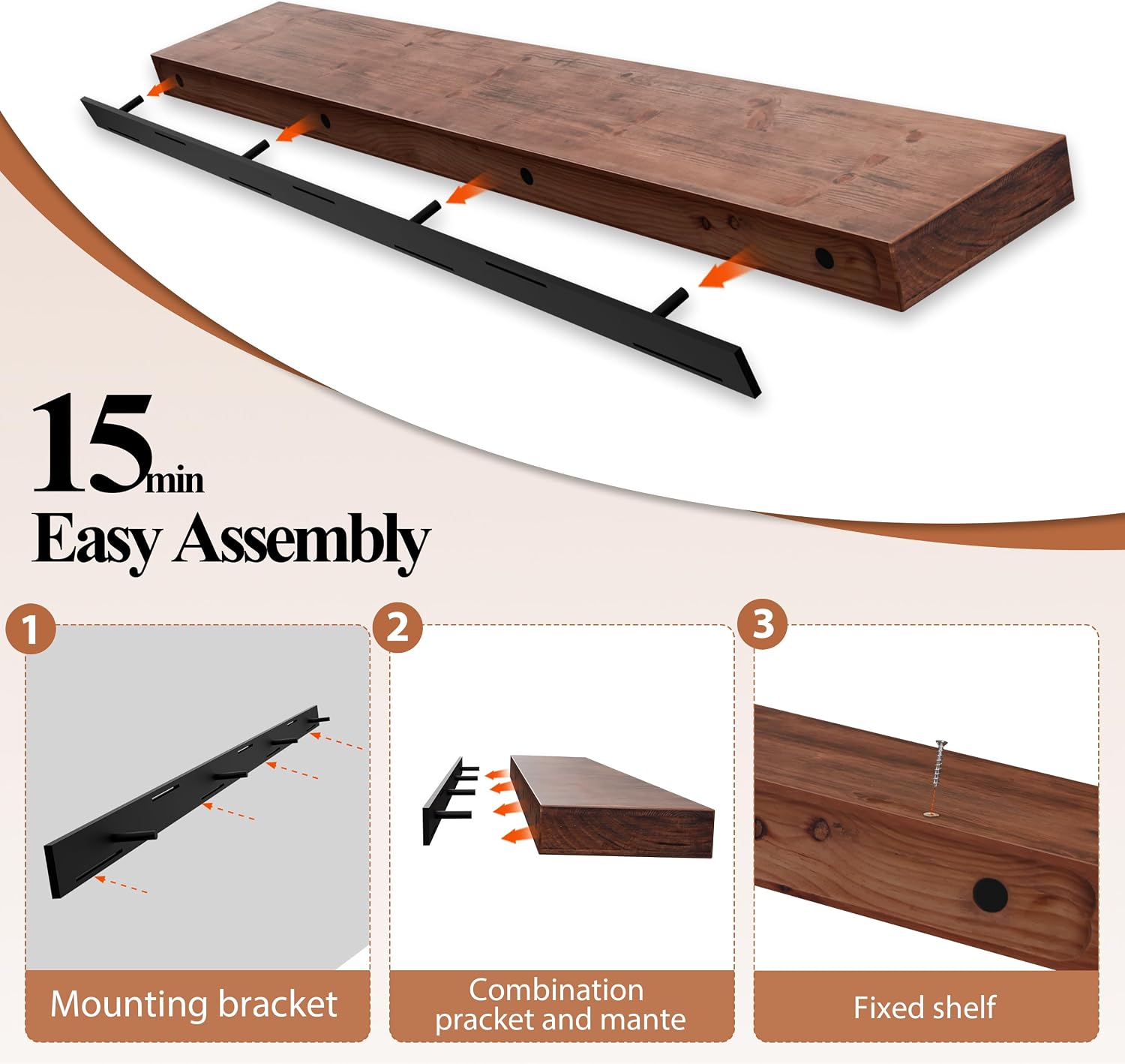 60 Inch Fireplace Mantel Shelf - 7' Deep Solid Wood Floating Mantel for Over Fireplace - 90LBS with Invisible Bracket - Handcrafted TV Decor for Livingroom & Bedroom - Walnut
