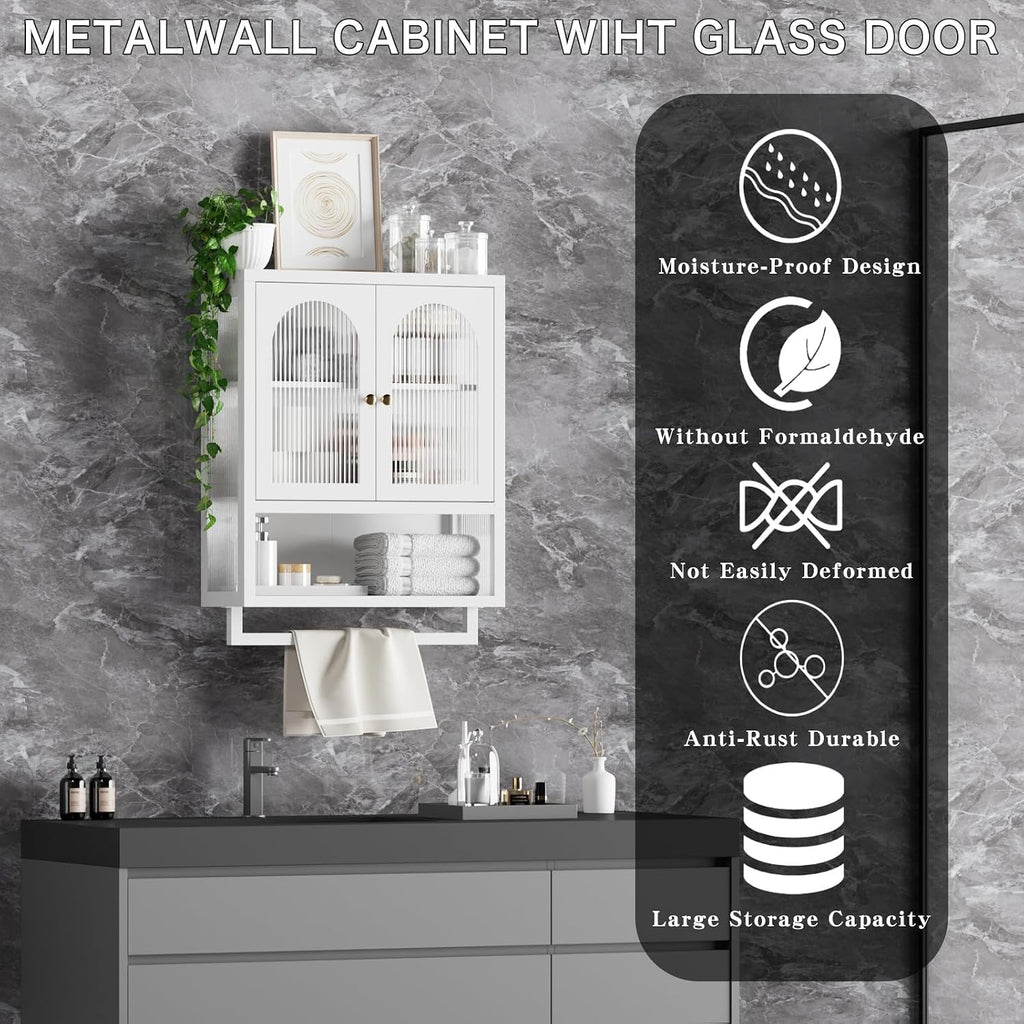 ALBAD Metal Bathroom Wall Cabinet with Fluted Glass Door and Towel Bar Wall-Mounted Medicine Cabinets Above the Toilet for Modern Bathroom, Kitchen, Garage, Laundry Room, White