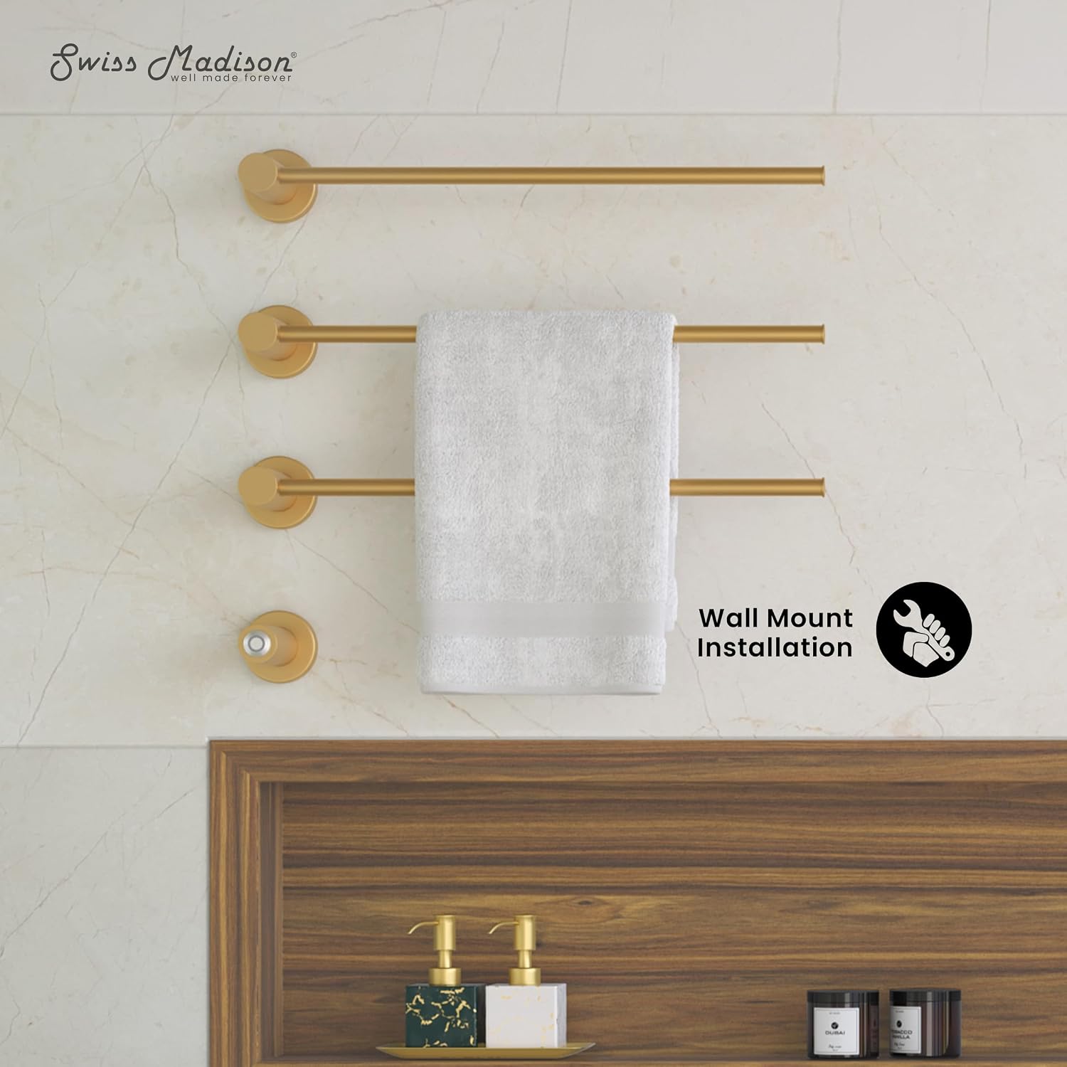 Swiss Madison Claire 3-Bar Electric Towel Warmer Heated Towel Racks for Bathroom in Brushed Gold