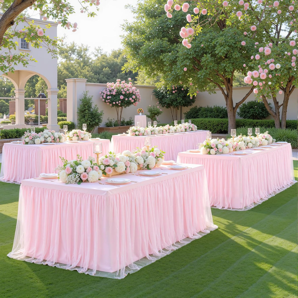 Suppromo 6 Pack 6ft Pink Tulle Tablecloths for Rectangle Tables 72 x 30 Inch Pink Rectangular Table Cloth, Wrinkle Free Table Cover with Tutu Skirt for Baby Shower Birthday Party Banquet Buffet Cake
