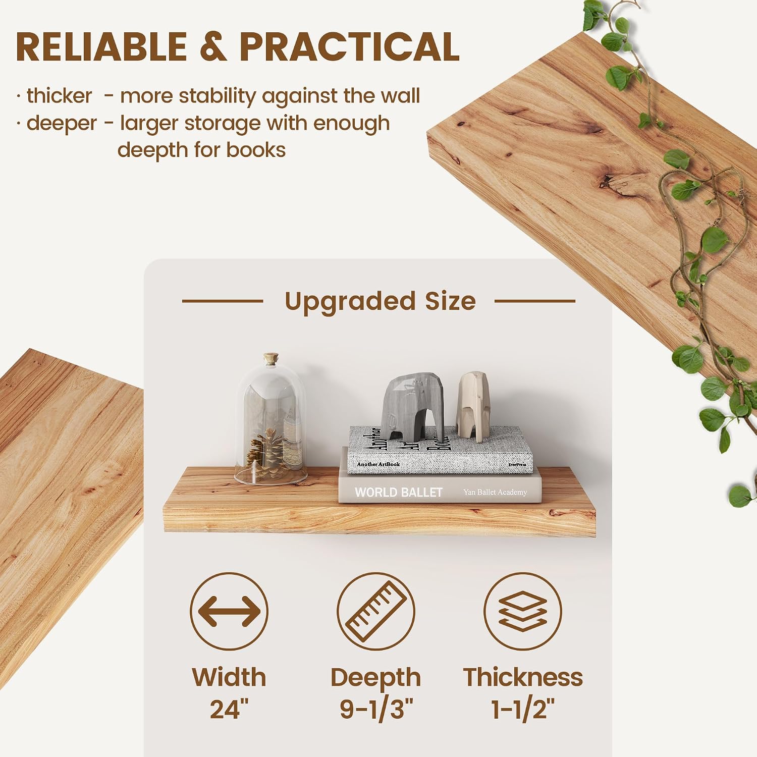 24'x9.2' Elm Floating Shelves for Wall, Live Edge, Natural, 2-Pack | 1.4' Thick Reclaimed Wood Shelves with Invisible Bracket for Living Room, Bedroom, Kitchen & Bathroom Storage
