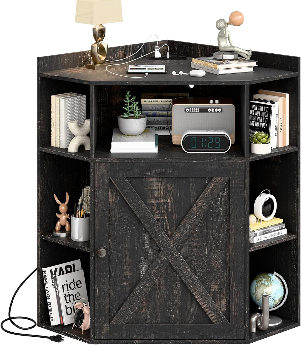 Halitaa Corner Storage Cabinet, Farmhouse Corner Bookshelf with Storage 6-Cubby Wooden Cabinet with USB Ports and Outlets Industrial Organizer for Small Space, Study, Playroom, Living Room
