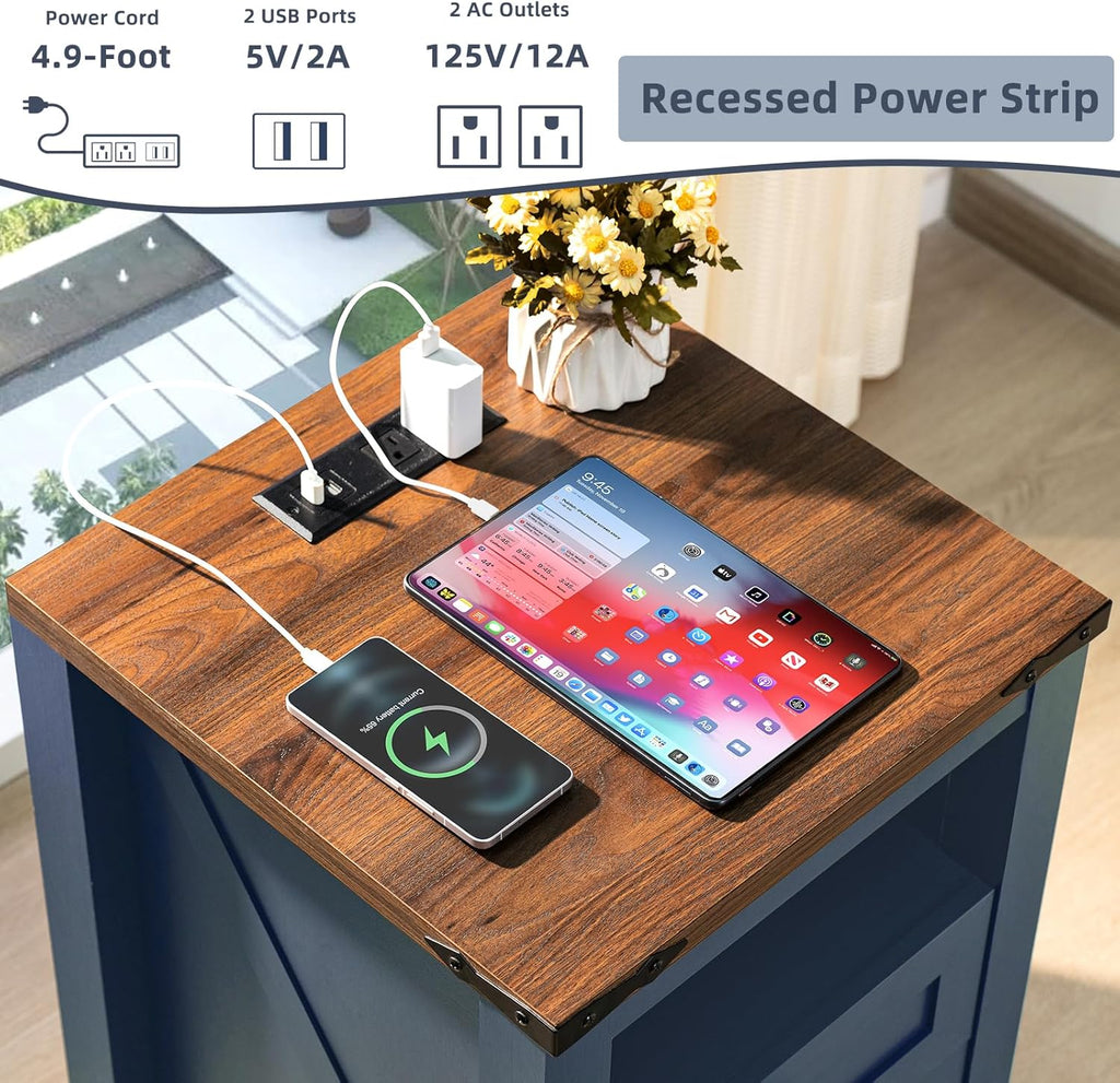 Joaxswe Nightstand with Charging Station, Farmhouse Night Stand with 2 Drawers and Shelf Storage, Blue Wooden Side End Table, Bedside Cabinet for Bedroom, Living Room, Closet,Office
