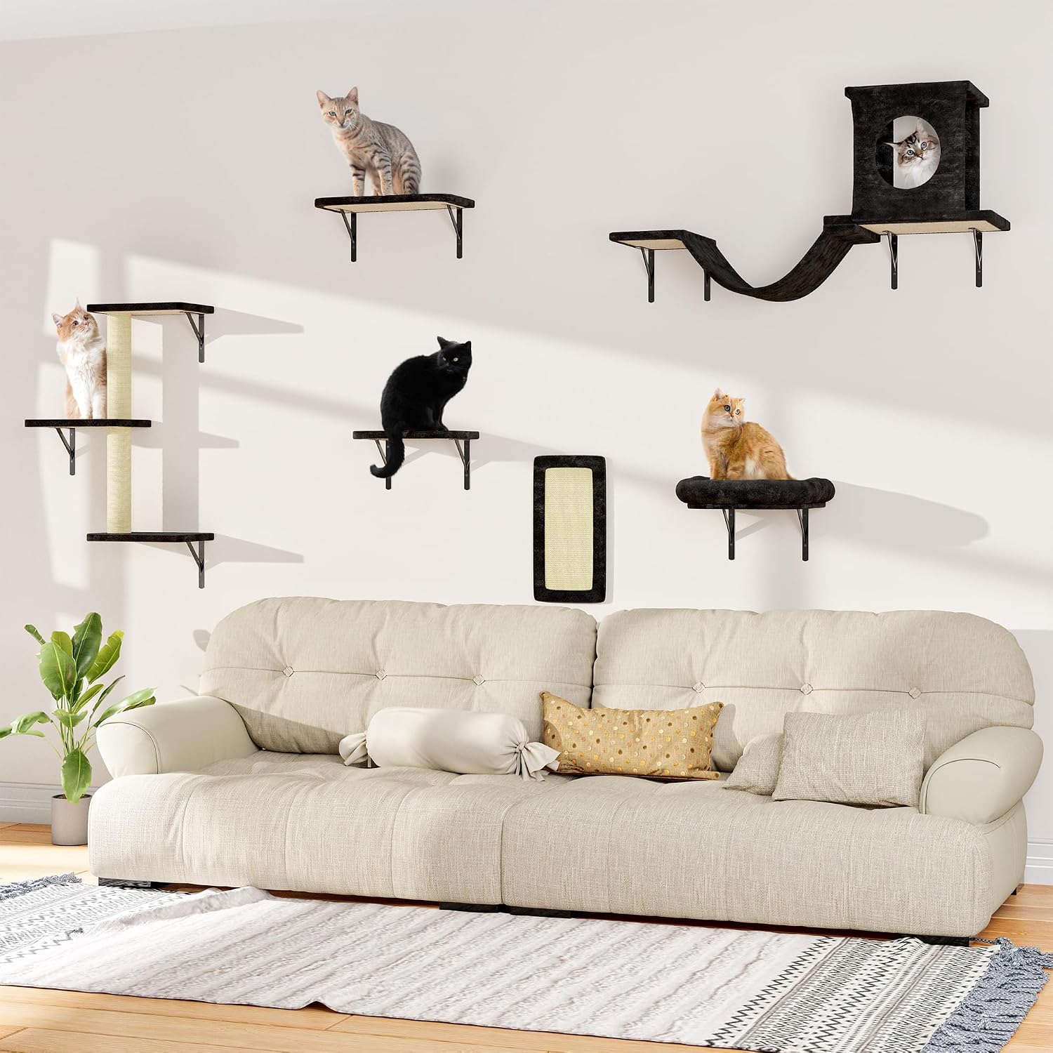 12-in-1 Cat Wall Shelves, Wall Mounted Cat Climber with Condo House, Scratching Post, Bridge Ladder, Space-Saving Indoor Play Furniture for Kittens, Black
