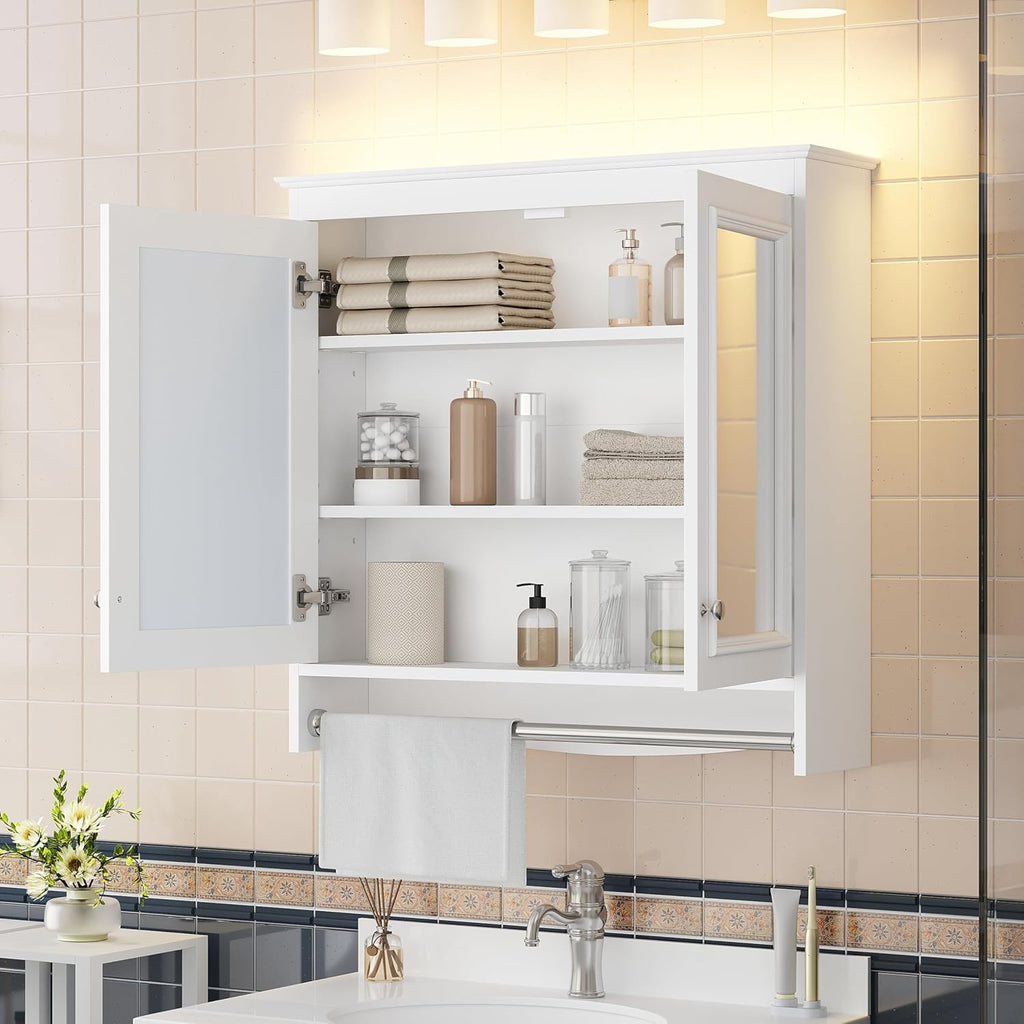 Merax 3-in-1 Bathroom Mirror Cabinet with Adjustable Shelves, Soft Close Doors & Towel Bar, 30' Wall Mounted Medicine Cabinet with High-Definition Mirror, Versatile Storage for Vanity, Bedroom, White