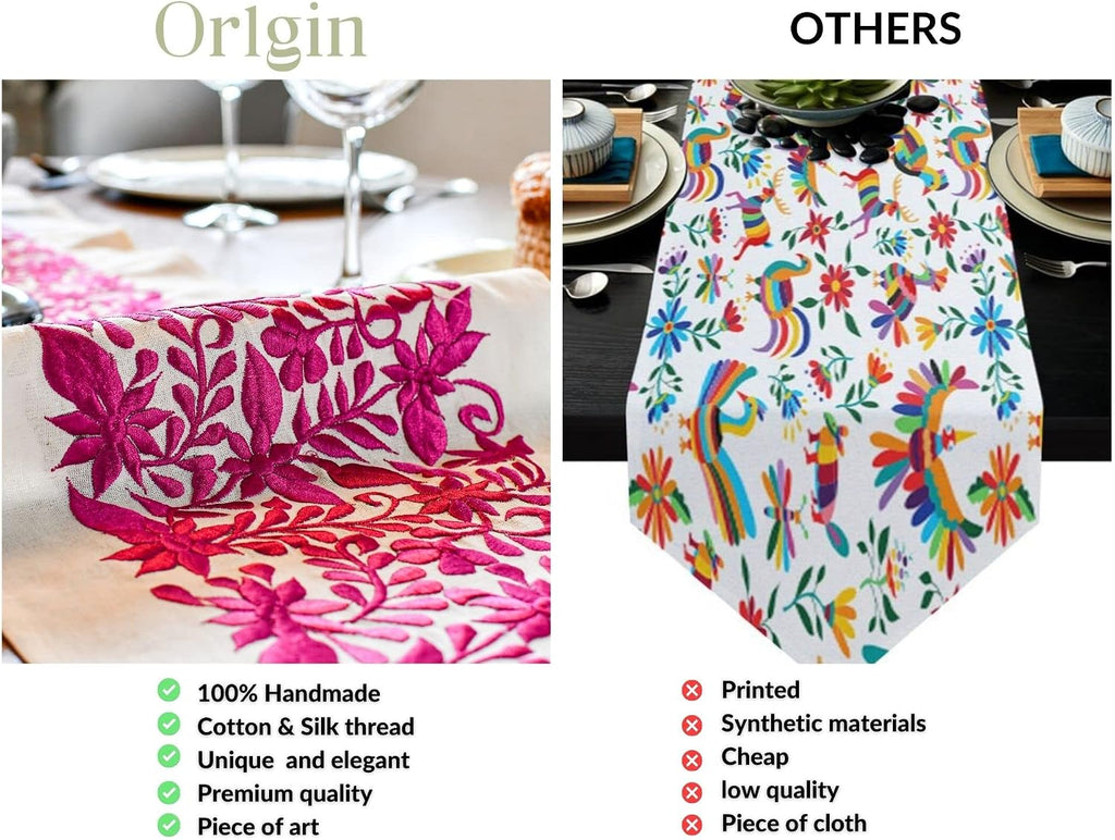 OR1GIN Handmade Table Runner, Premium Quality Silk Thread and Cotton, Mexican Design, Hand Embroidered by Artisans