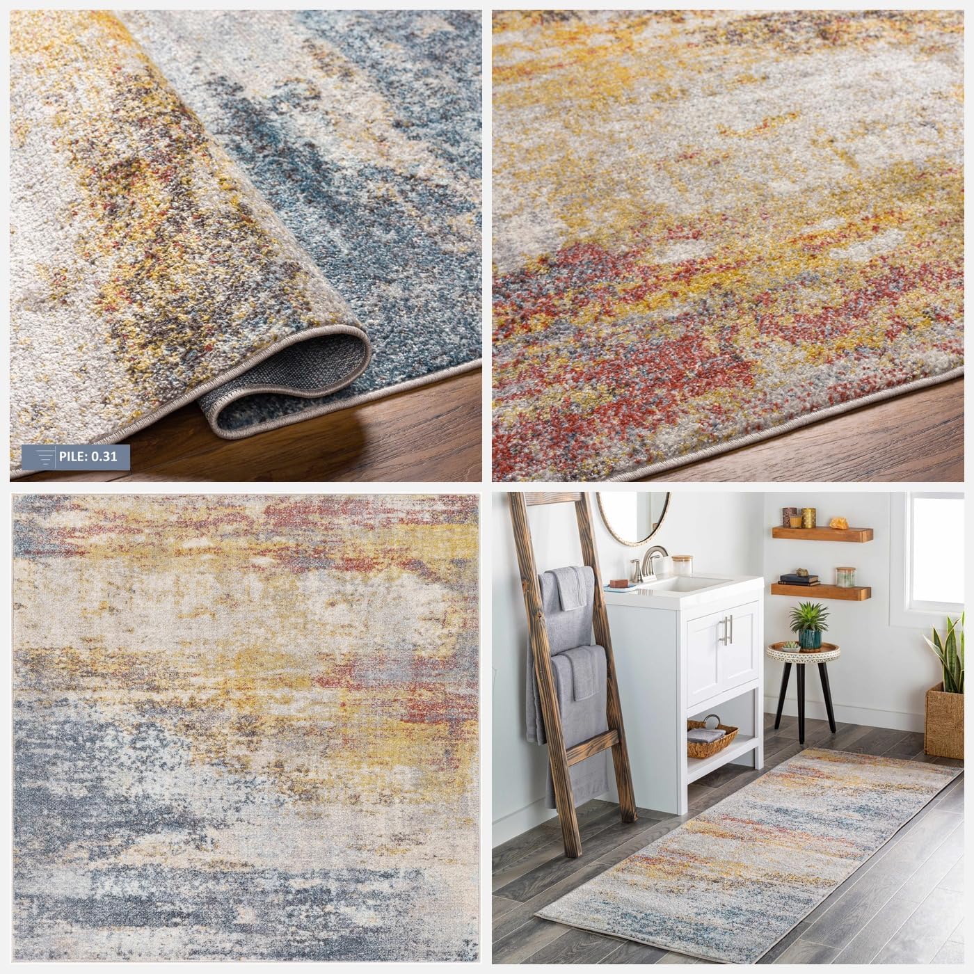 BoutiqueRugs Light Gray Abstract 5ft Round Area Rug Contemporary Mustard Ice Blue Navy Alexandra Living Room Bedroom Dining Room Home Office Apartment 5'3' Round Stain Resistant Non-Shedding
