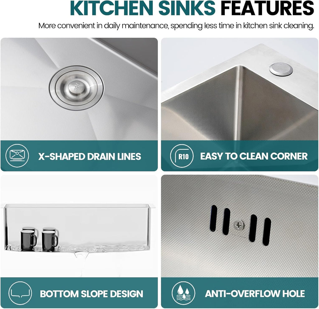 Large Kitchen Sink, With Drain Kits, 304 Stainless Steel, Heavy Duty Kitchen Bar Sink, Single Bowl Sink, For Drop In, Undermount(A,70x50x22cm)