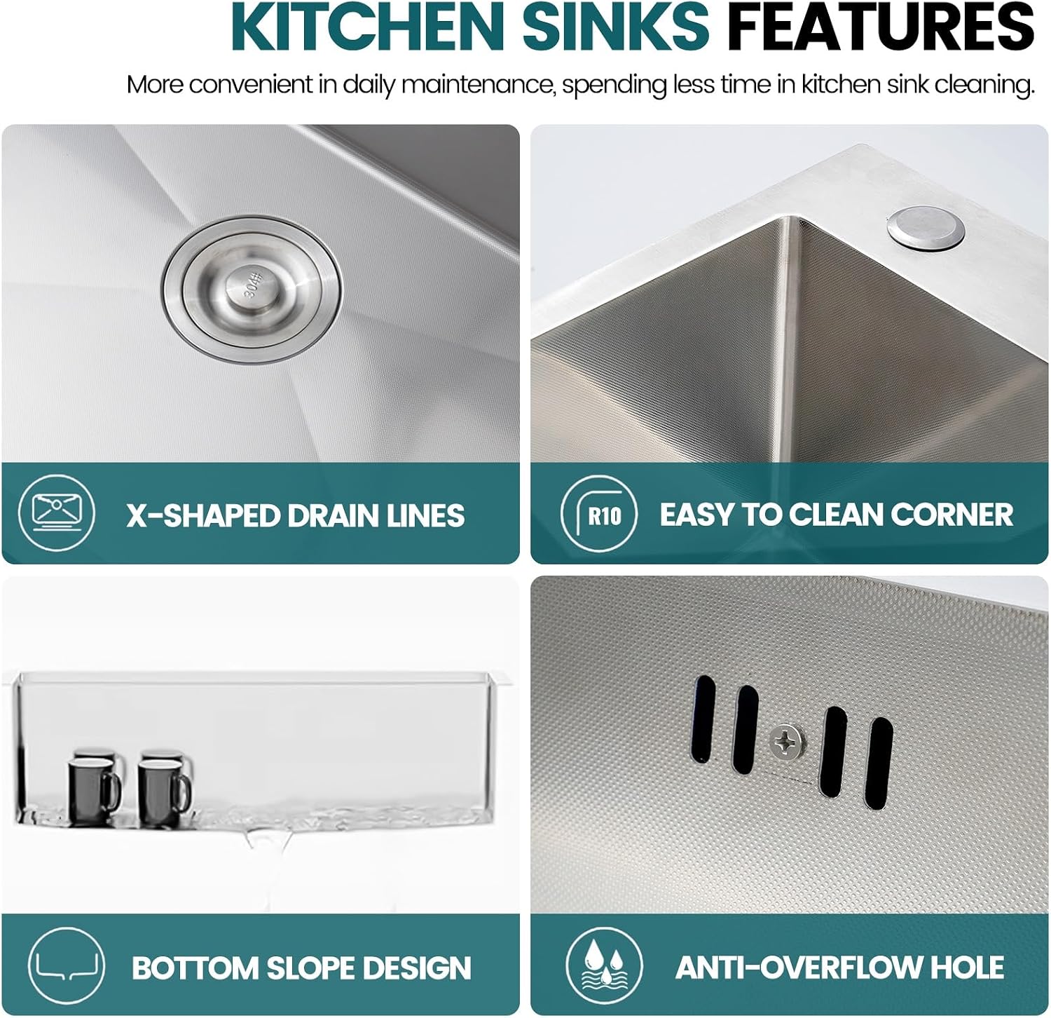 Large Kitchen Sink, With Drain Kits, 304 Stainless Steel, Heavy Duty Kitchen Bar Sink, Single Bowl Sink, For Drop In, Undermount(A,70x50x22cm)