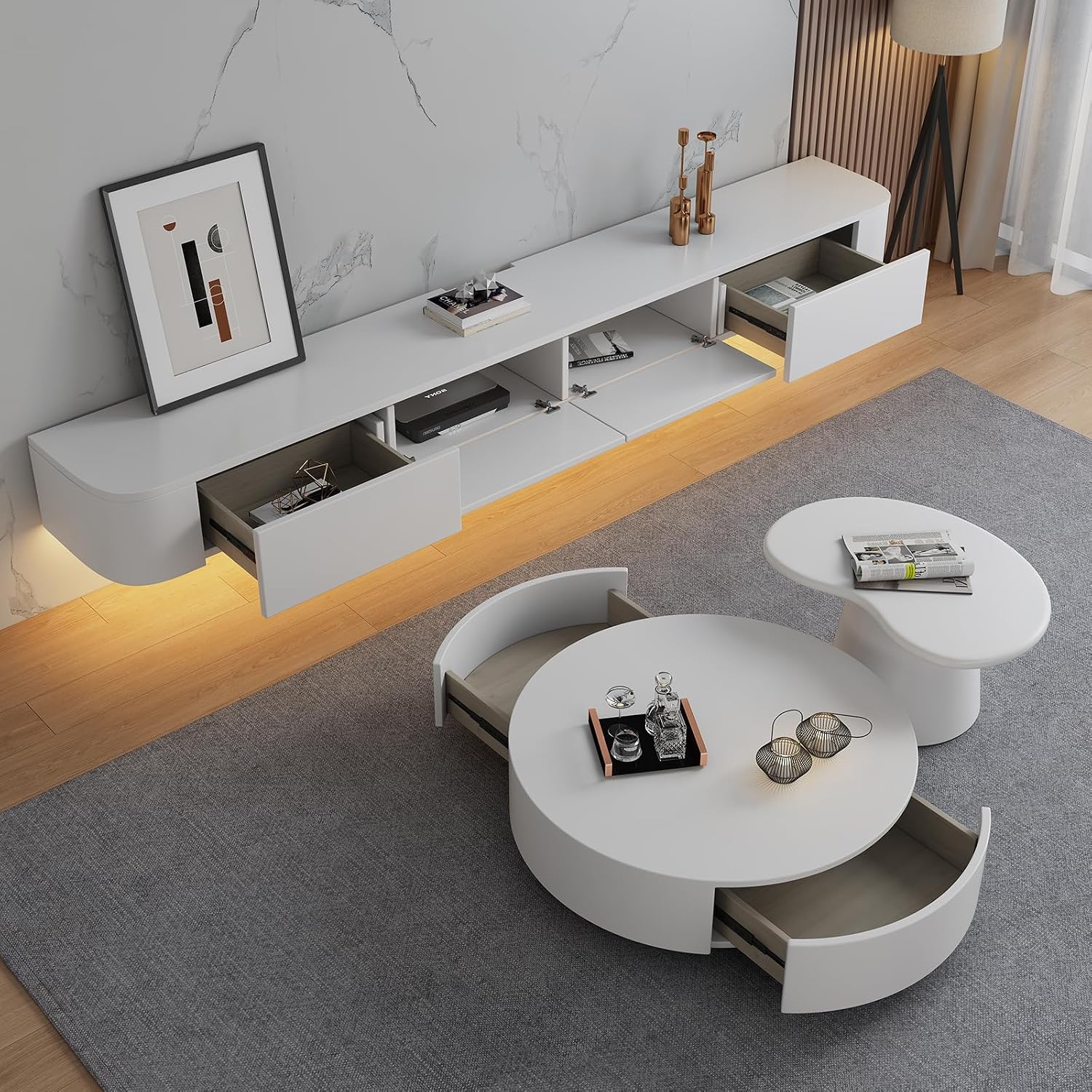 Floating TV Stand - Wall Mounted Media Console with 2 Drawer, Floating Entertainment Center TV Cabinet, Wall Mounted Audio/Video Shelf for Home Room (White+LED, 62.99x7.87x9.45IN)