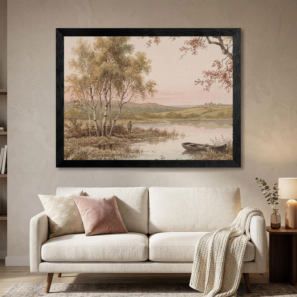 Framed Birch Tree Landscape Wall Art - 19th-Century Pastoral Watercolor Style - Black Frame Modern Home Decor - Serene Nature Print for Living Room and Office - Ready to Hang - 24x36 Inch