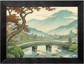 Framed Wall Art - Black Frame Serene Japanese Garden Style Print - Peaceful Stone Bridge and Koi Pond Landscape - Ready to Hang Modern Home Decor - 24x36 Inch