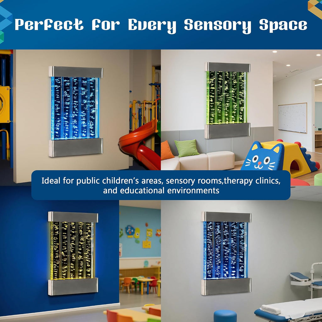 LED Sensory Bubble Wall – 24'x16' Stainless Steel Wall Panel with Floating Fish, Vertical Bubbles, Color-Changing Lights, Remote & APP Control for Sensory & Therapy Rooms
