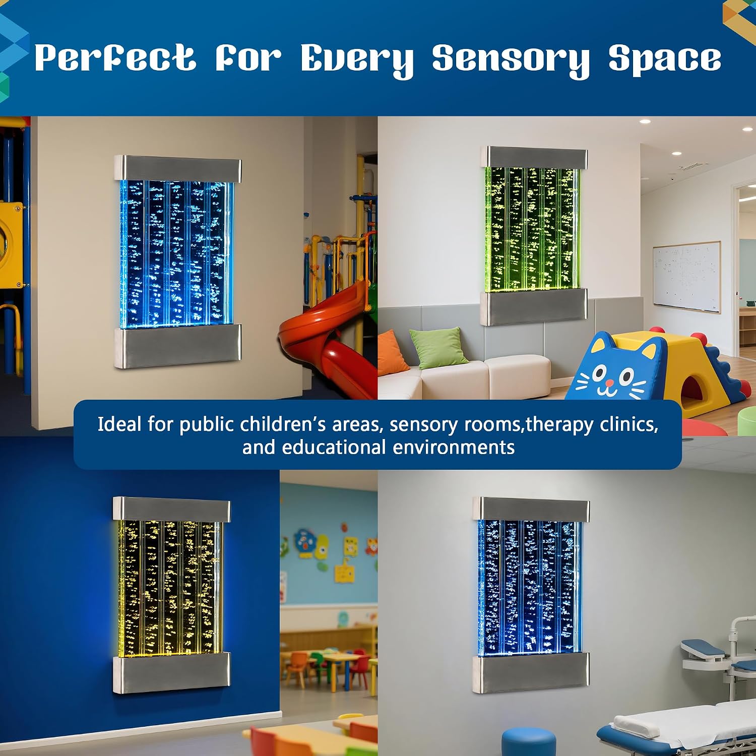 LED Sensory Bubble Wall – 24'x16' Stainless Steel Wall Panel with Floating Fish, Vertical Bubbles, Color-Changing Lights, Remote & APP Control for Sensory & Therapy Rooms