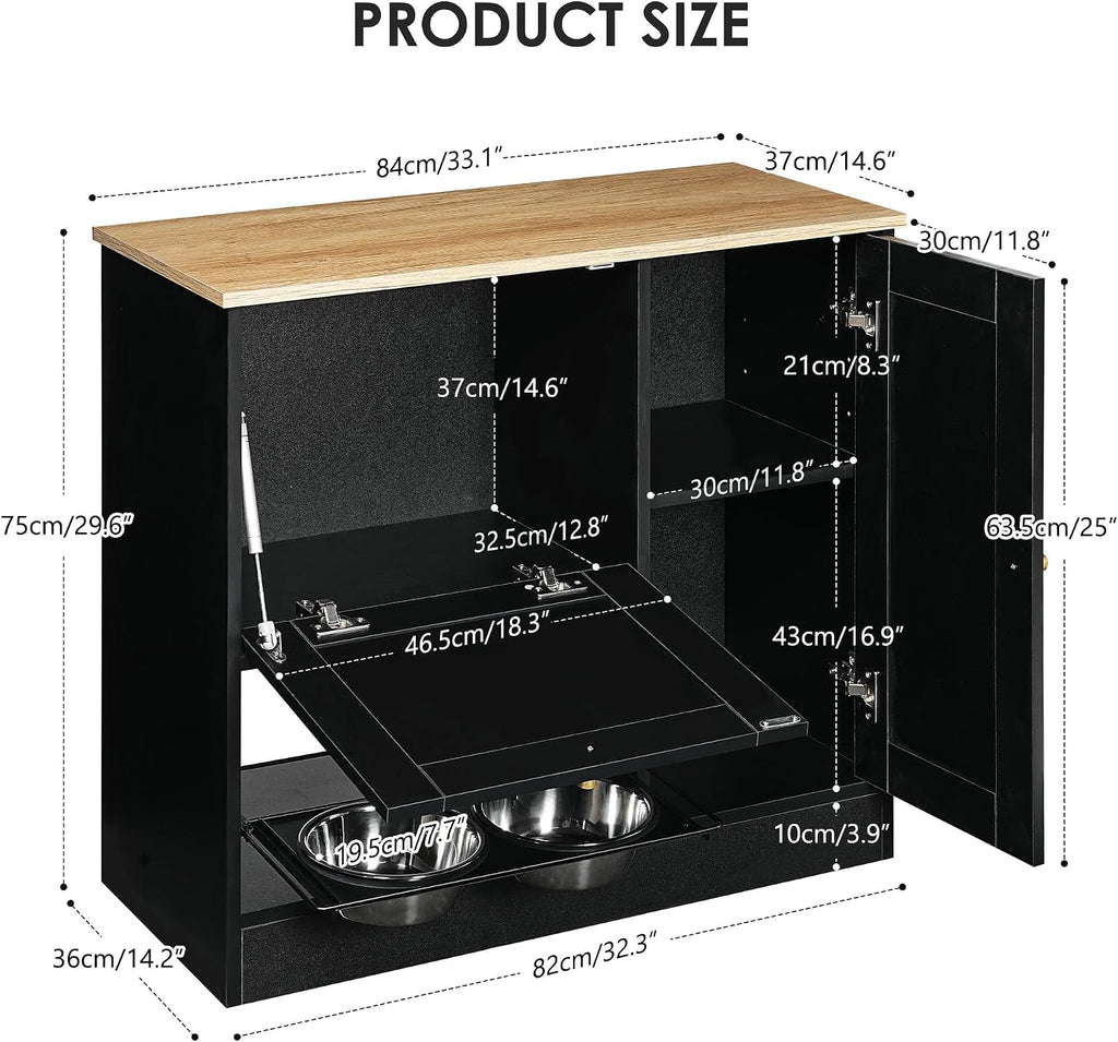 Feeding Station with 2 Lockers, Pet Feeding Station with 2 Elevated Dog Bowls, Side Hooks, Anti-Tipping Kit, Hidden Pet Feeding Station for Feeding and Watering, Rattan Door, Black