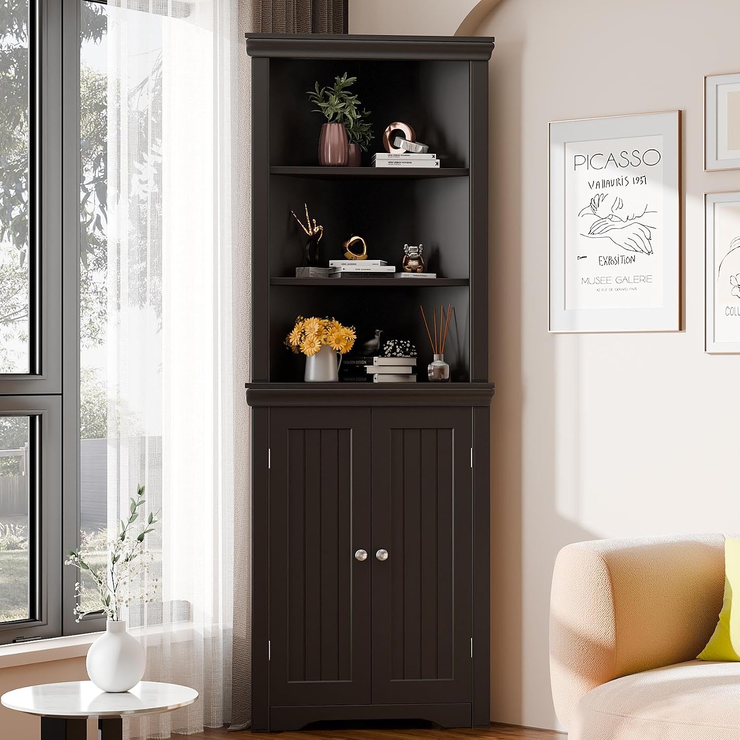 Furmax 62' Corner Cabinet, Bathroom Storage Cabinet with 6 Adjustable Shelves & 2 Doors, Freestanding Corner Shelf for Living Room, Bathroom, Kitchen (Brown)