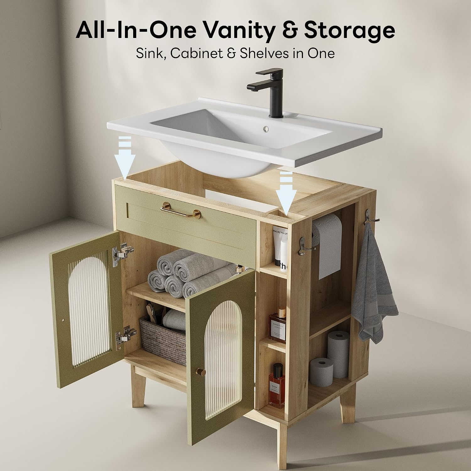 LIKIMIO 30 inch Bathroom Vanity with Sink, Bathroom Vanities Cabinet with Ceramic Sink, Arched Glass Door Storage with Adjustable Shelf, Solid Wood Legs, Towel Bar & Toilet Paper Holder
