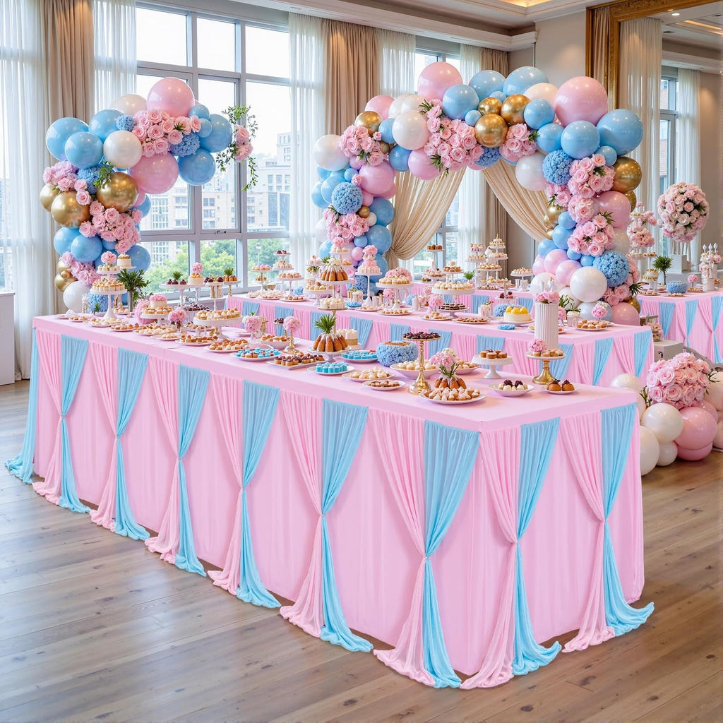 Besutolife Blue Pink Tulle Tablecloth for Rectangle Tables 6ft 3 Sides for Wedding Birthday Party Baby Shower Cake Dessert Buffet Banquet Table Decorations 6Pack