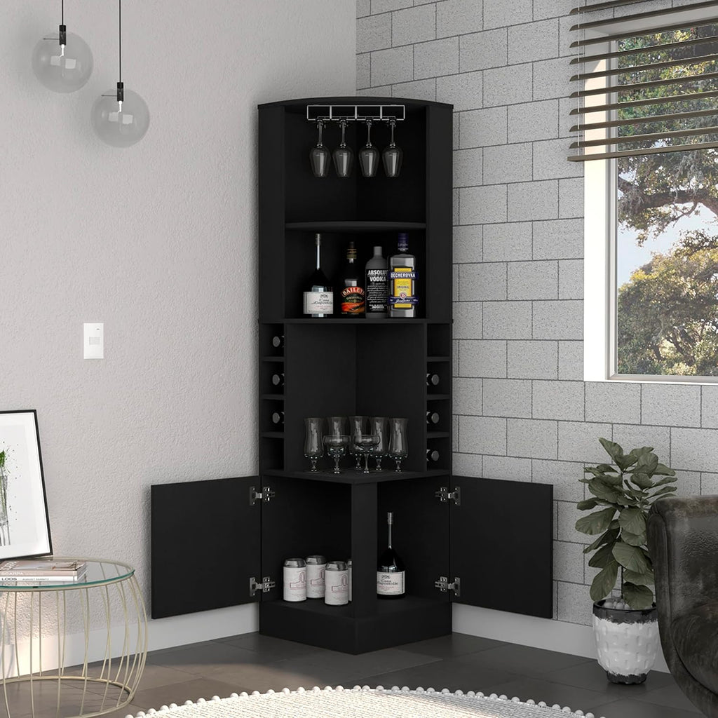 Cairo Corner Bar Cabinet with Glass Rack, Multiple Shelves, and 8 Wine Cubbies, Black – Home Bar Wine & Liquor Storage Cabinet for Home Bar, Living Room & Dining Room