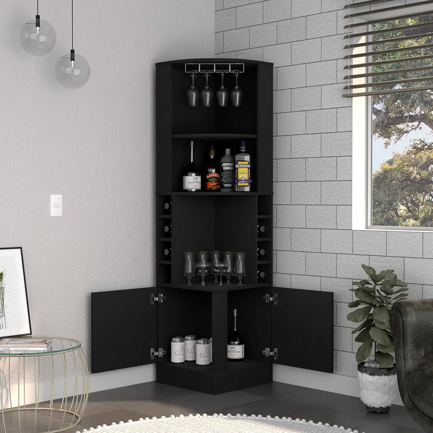 Cairo Corner Bar Cabinet with Glass Rack, Multiple Shelves, and 8 Wine Cubbies, Black – Home Bar Wine & Liquor Storage Cabinet for Home Bar, Living Room & Dining Room