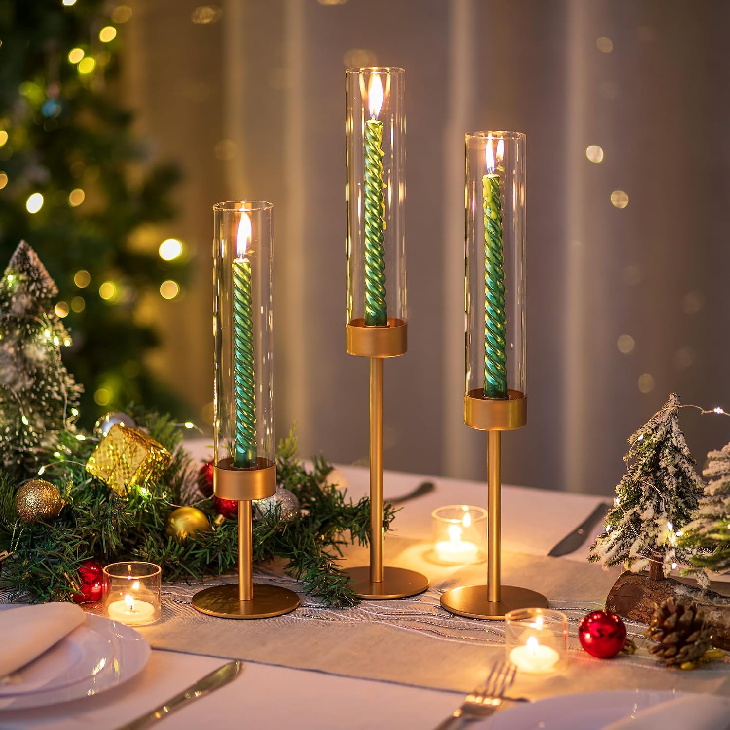 Glass Hurricane Candlestick Holders Gold - Romadedi 18 PCS Taper Candle Holder Bulk Tall Clear Glass Cylinder Table Centerpiece Wedding Decor Party Birthday Christmas Home Decorations