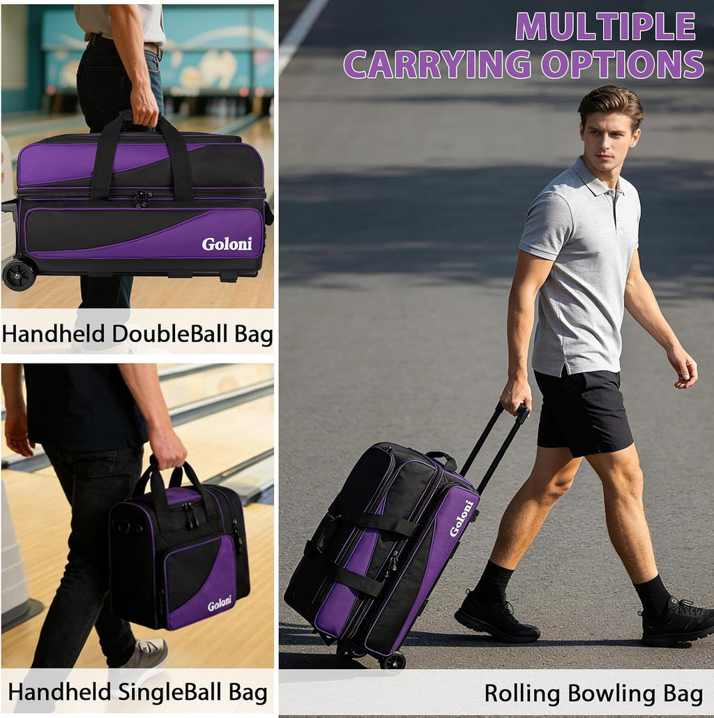 Goloni 3 Ball Bowling Bag with Wheels, Rolling Bowling Roller Bag with Retractable Handle for Balls & Bowling Accessories