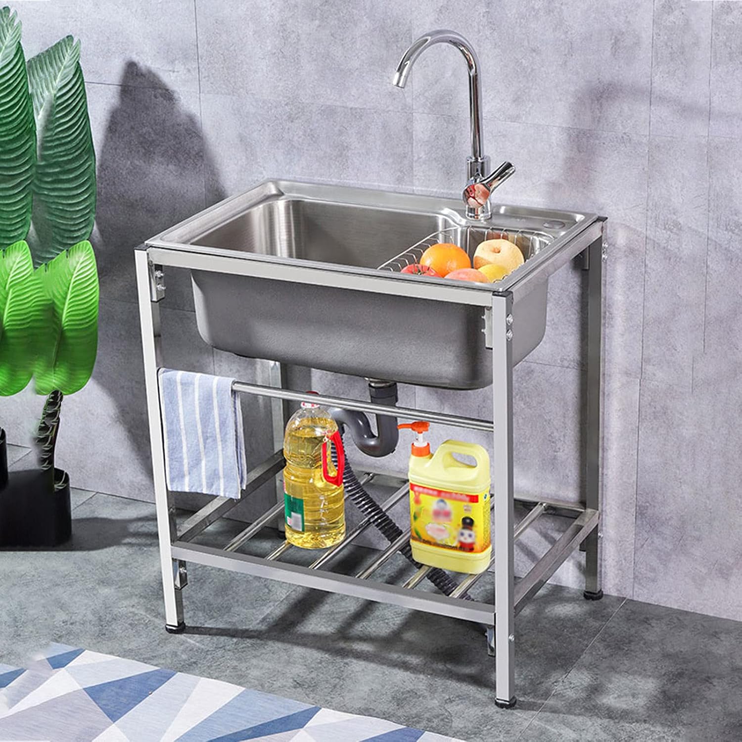 1 Compartment 304 Stainless Steel Commercial Kitchen Prep Utility Sink Single Free Standing Bowl Sink Extra-Deep Laundry Tub for Garage, Restaurant, Laundry Room, Indoor Outdoor