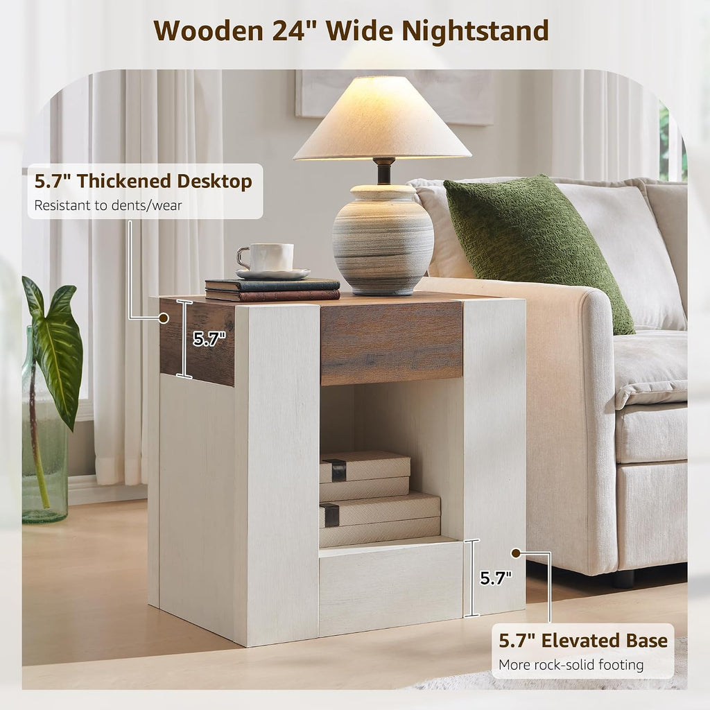 OKD 24'' Modern Nightstands Set of 2, Large Wooden End Table with Charging Station & Drawer & Storage Shelf, Rustic Square Bedside Table for Bedroom, Living Room, Wood Thick Design,Antique White