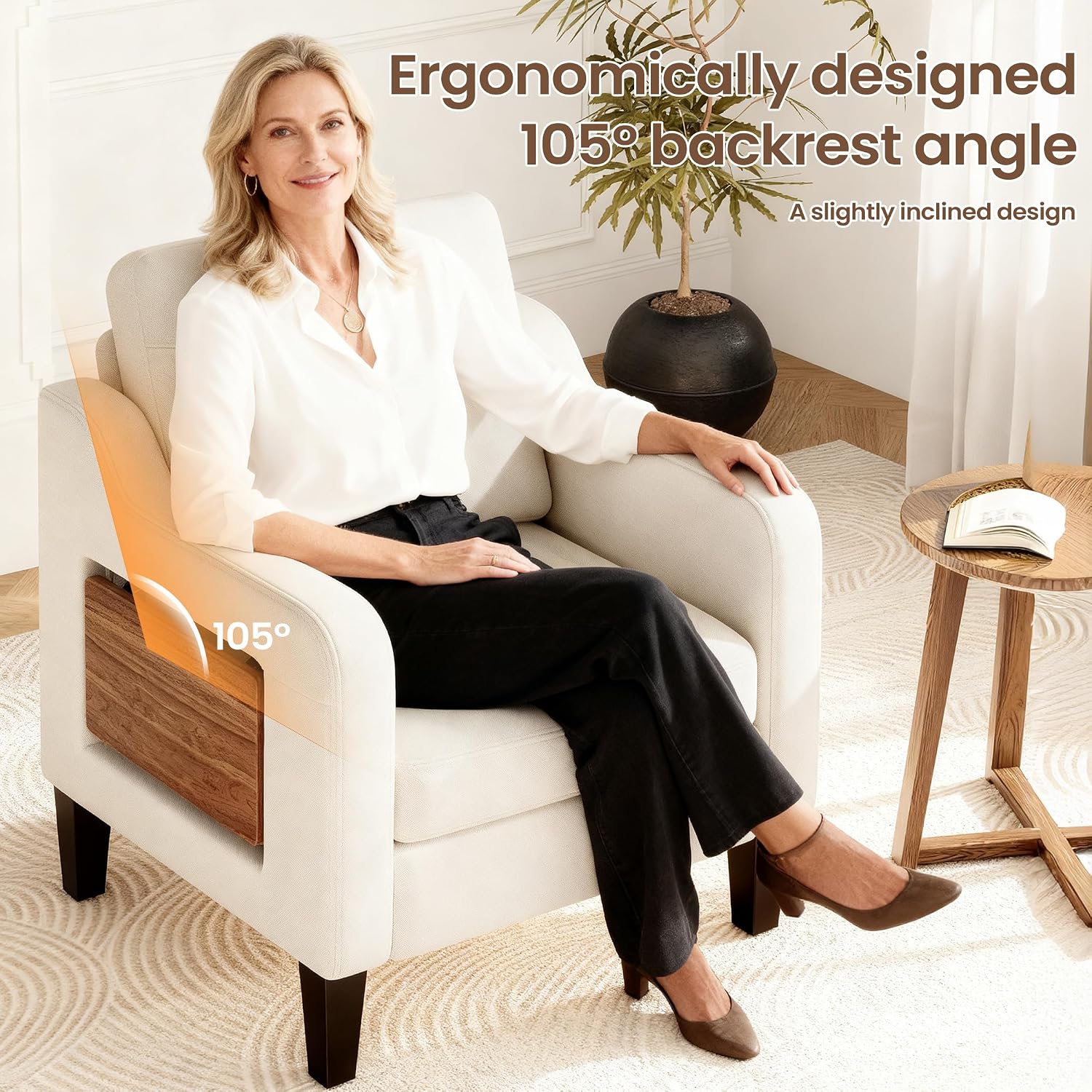 Accent Chair for Living Room Modern Linen Upholstered Armchair Side Wooden Fabric Sofa Chair with Foldable Table 2 Side Pockets Comfy Reading Chair for Bedroom