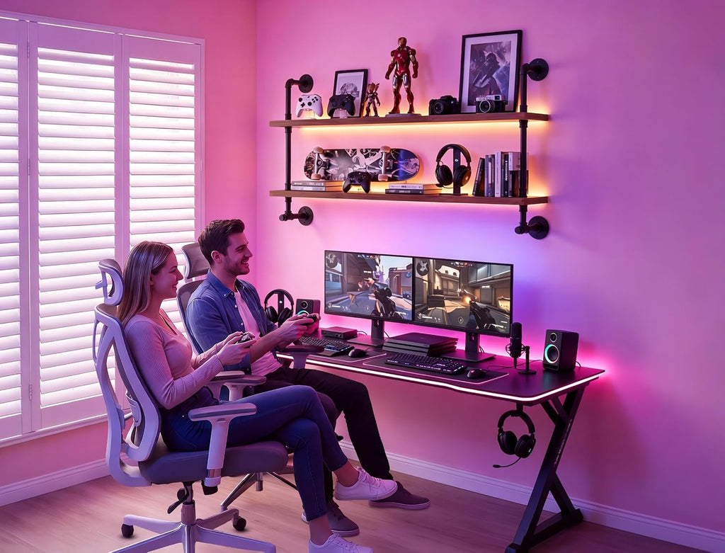 ROGMARS LED Gaming Floating Shelves for Wall,Industrial Pipe Shelving 48 inch Coffee Bar Shelves Wall Mounted,Display Book Shelf with Light for Gaming Room Living Room Bedroom Kitchen Garage