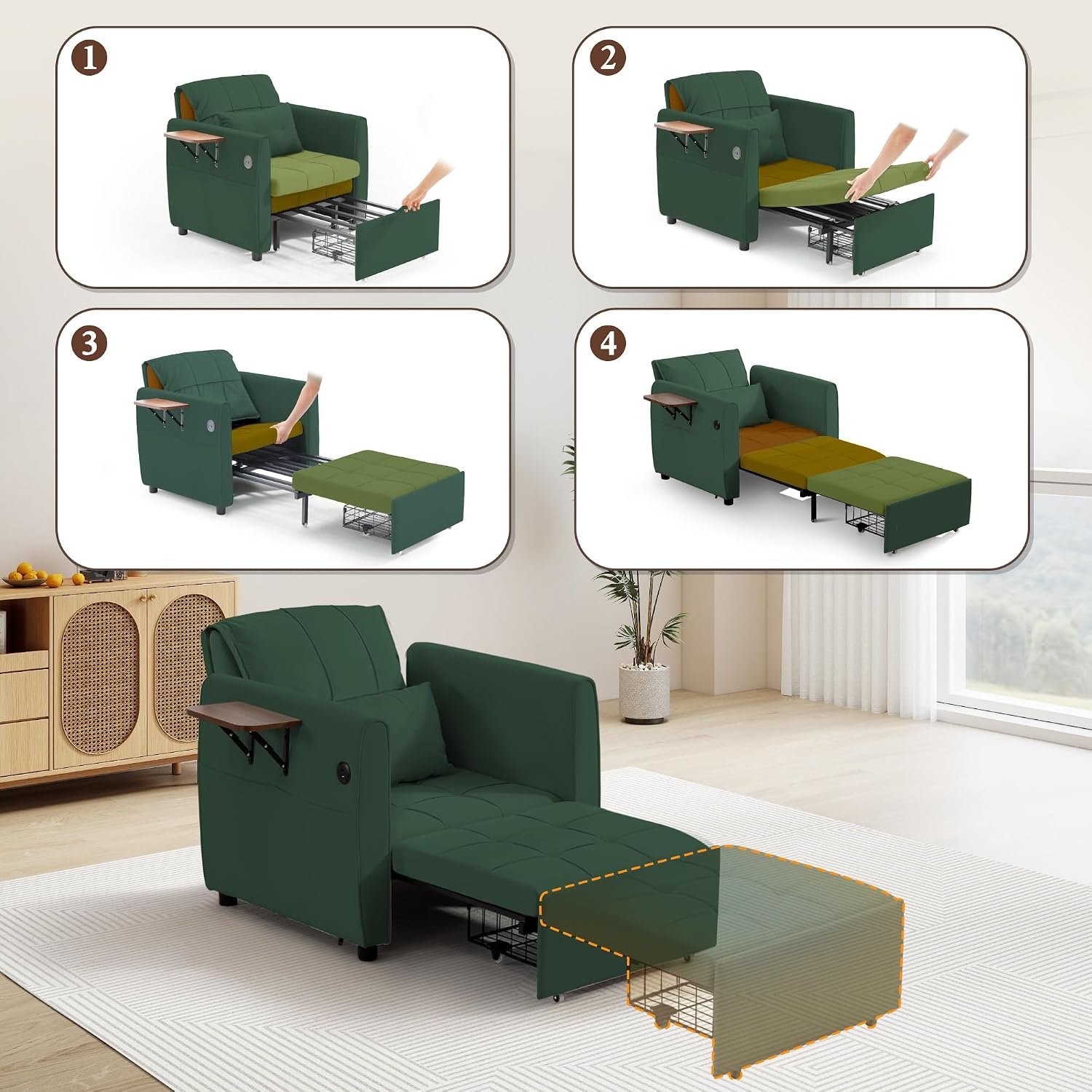 Suvivityse 90' Convertible Sleeper Chair Bed, 4 in 1 Pull Out Single Sofa Bed, Adjustable Backrest Recliner with USB Port, Storage Basket, Folding Side Table, for Living Room Apartment Small Place