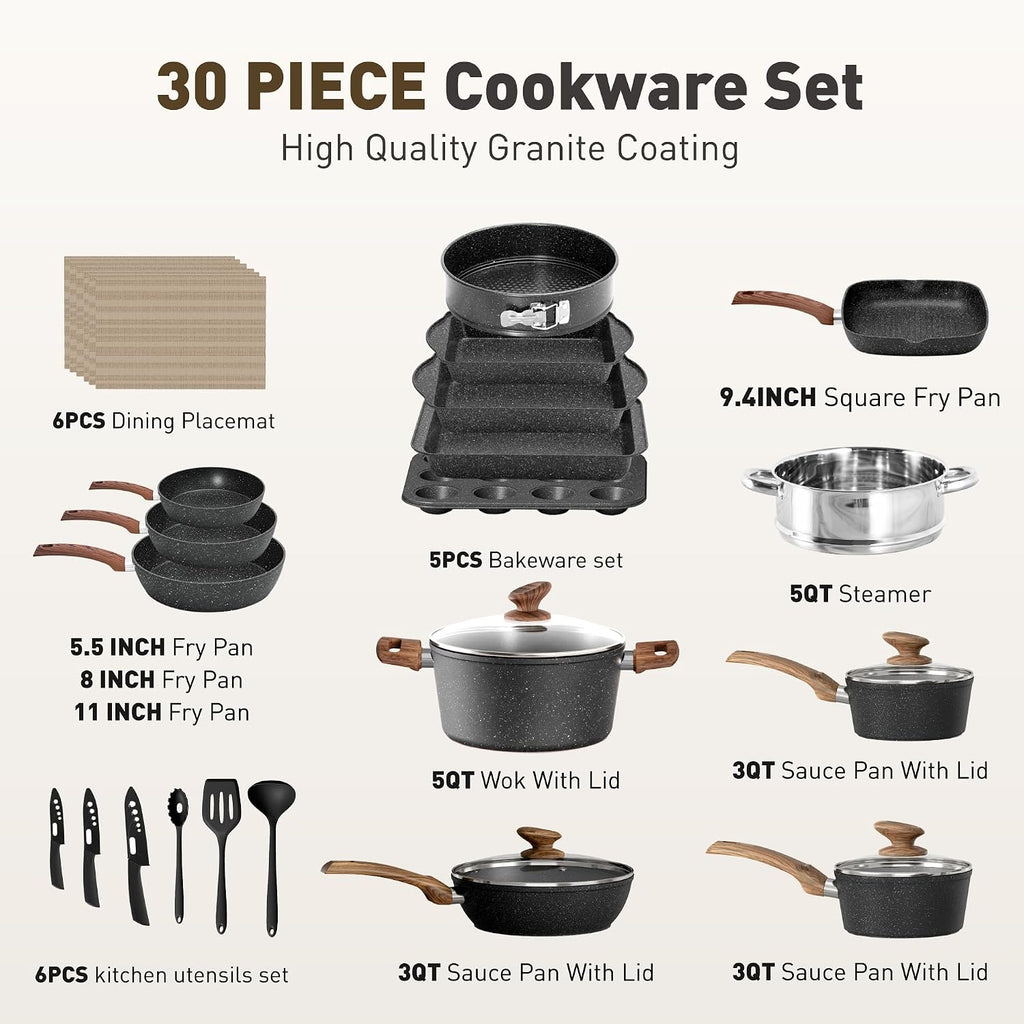MAISON ARTS 30 Piece Pots and Pans Set Non Stick, Kitchen Cookware & Bakeware Sets with Nonstick Granite Coating, Baking Tray, Frying Pan and Saucepan, Black
