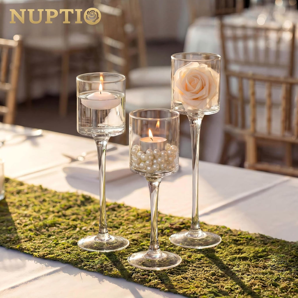 NUPTIO Stemmed Candle Holders Bulk: Set of 18 Tea Light Holders for Floating Pillar Candles - Clear Monet Candle Stands for Wedding Table Centerpiece Decor