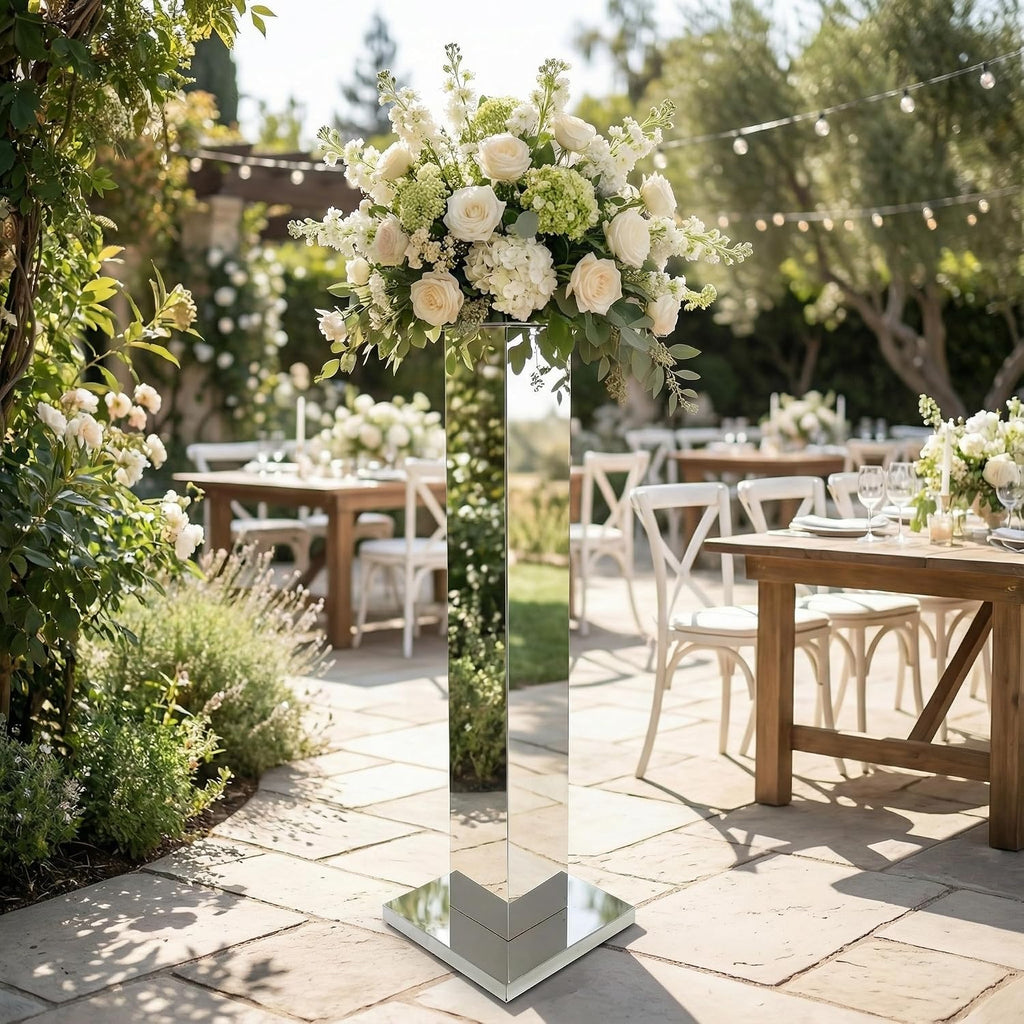 2PCS Tall Silver Vases for Centerpieces,31.5inch Stainless Steel Column Geometric Centerpieces Wedding Flower Stand Flower Floor Vase for Tables Wedding Anniversary