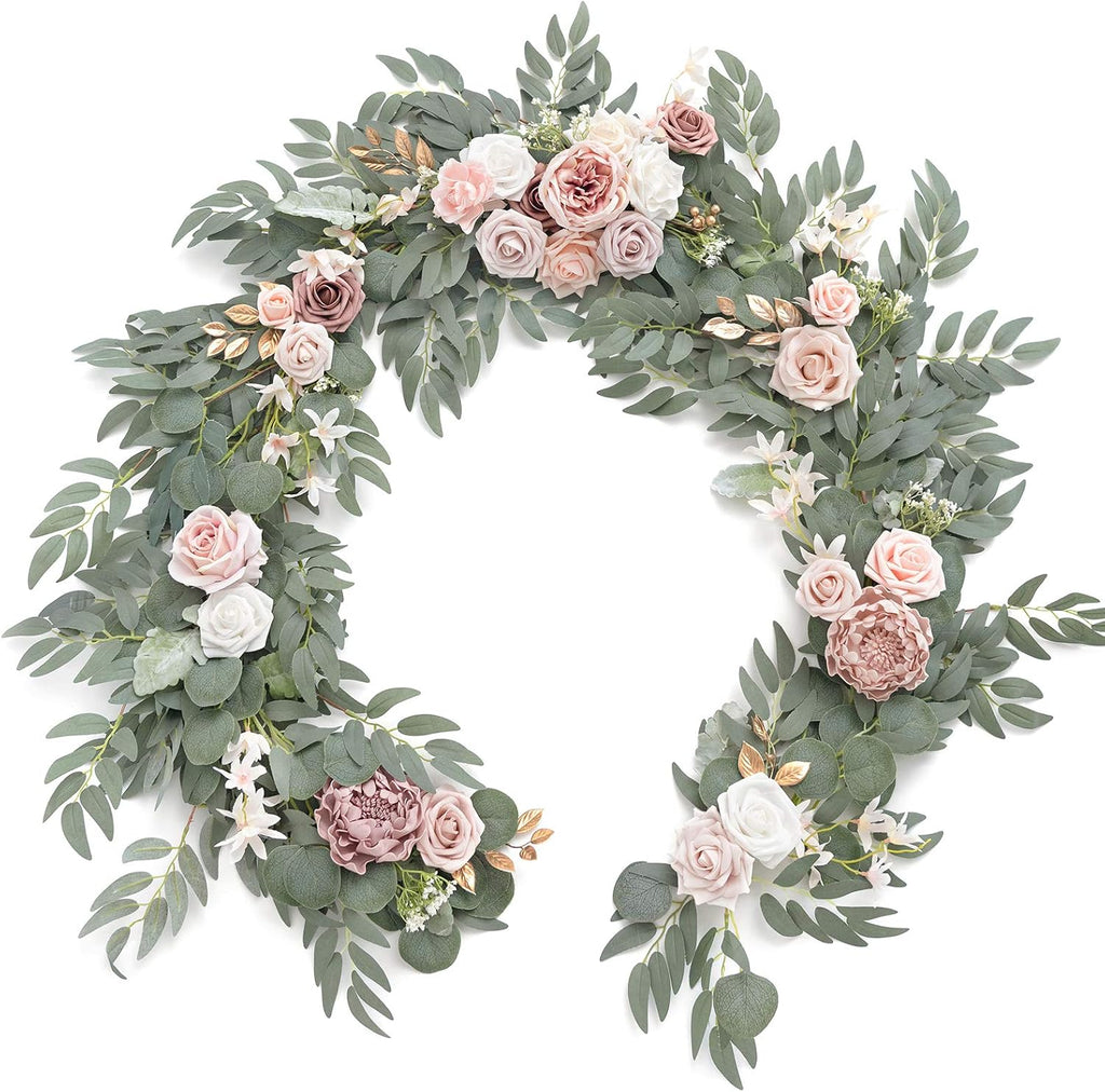Ling's Moment Pink Fabric Round Table Decor Set with Garland, Table Cloth & Table Runner