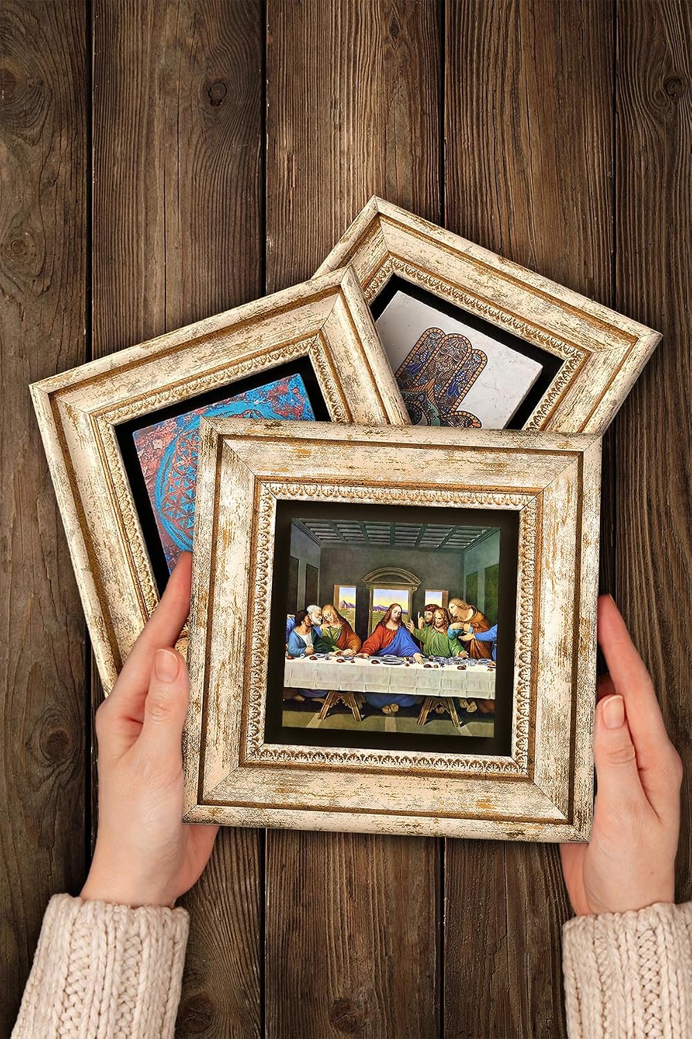 Stone Wall Art Set Framed Da Vinci's Last Supper, Virgin of the Rocks, Mona Lisa, Stone, White Color, Classic Theme, 3 Piece Set, Wall Decor - Multicolor, 20 cm