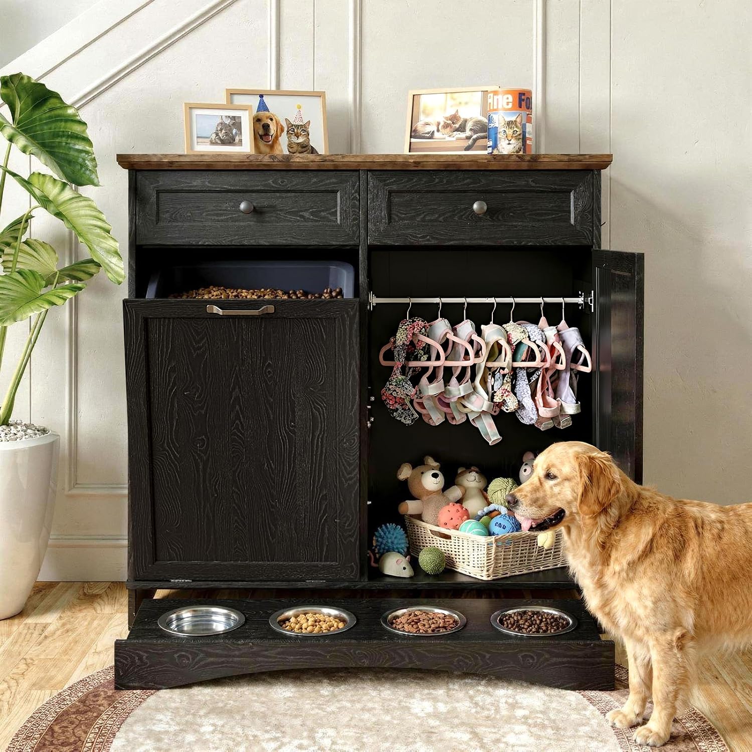 FIMELLO 39.7''W Dual Doors Dog Food Storage Cabinet, Tilt-Out Dog Feeding Station with 4 Feeding Bowls, Pet Feeder Cabinet, Black Grain