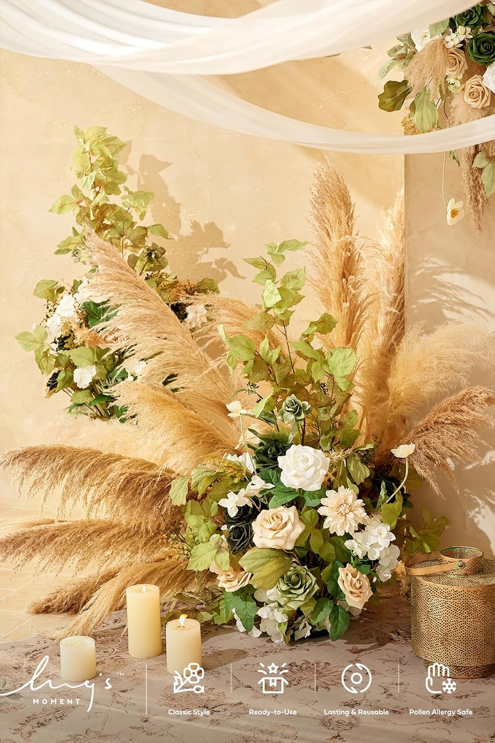 Ling's moment 41' Tall Free Standing Artificial Flowers Arrangements 2 pcs Wedding Arch Altar Stage Decorations Emerald & Tawny Beige Ceremony Reception Rose Fake Floral Party Centerpieces Decor